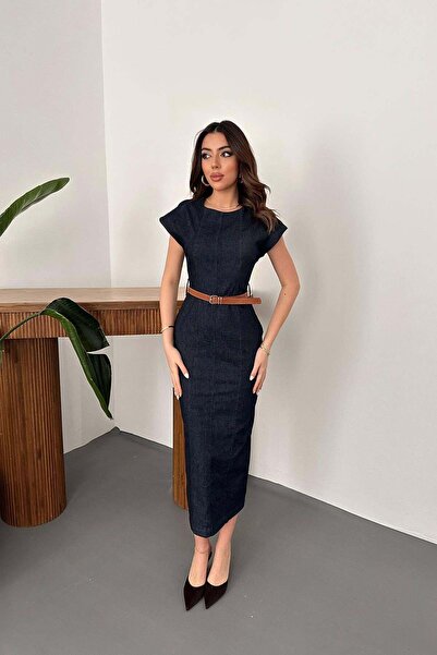 Caddebostan Moda Kadın Kemerli İnce Kot Uzun Elbise Kısa Kollu Likralı Denim ...