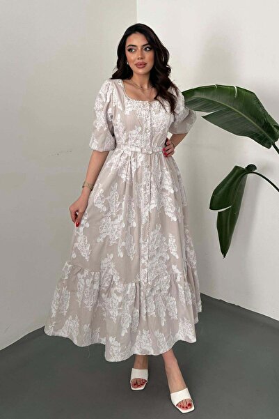 Caddebostan Moda Embroidered Ruffled Belted Jacquard Balloon Sleeve Square Ne...