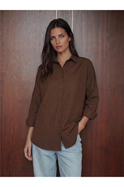 WeShaya Brown Cotton Polyester Blend Long Sleeve Oversize Basic Hijab Shirt