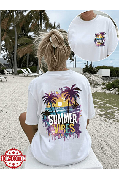 one button تي شيرت صيفي كبير الحجم مطبوع عليه موضوع Summer Vibes