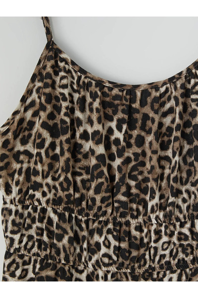 LC Waikiki Kahverengi Kare Yaka Leopar Desenli İp Askılı Elbise