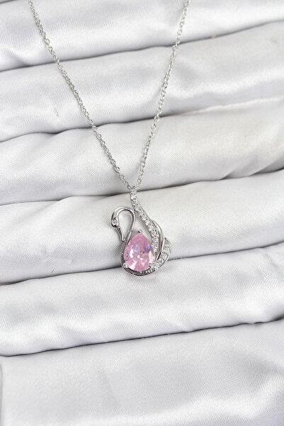 ETC 316L Steel Chain Silver Color Pink Swan Model Zircon Stone Women's Neckla...