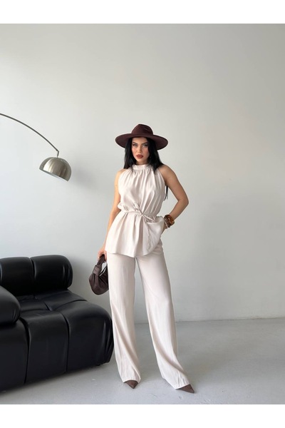Celiora Women's Belted Casual Suit Halter Neck Blouse Wide Leg Pants Two-Piec...