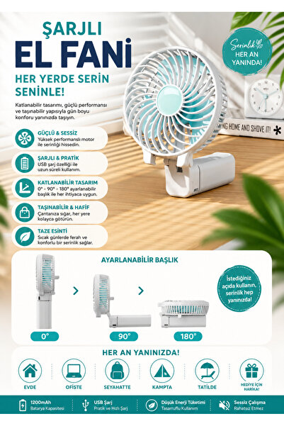 Home Şarjlı Taşınabilir El Fanı 3 Kademeli Katlanabilir Masa Üstü Vantilatör ...