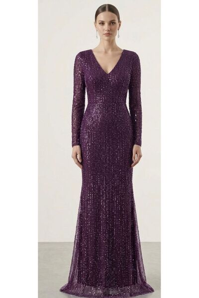 NOVERA DRESS V Yaka Uzun Kollu Payetli Dikey Çizgili Mor Balık Abiye Elbise