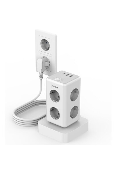 TESSAN Prelungitor tip turn TS-306TS-C, cu întrerupător, 6 prize, 2 USB-A, 1 ...