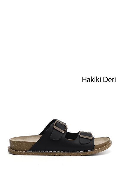 GÖNDERİ(R) Women's Black Double Buckle Genuine Leather Slippers