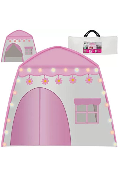 KRUZZEL Kids Play Tent House with Pink & White Cotton Ball Lights, 126x130x90 cm