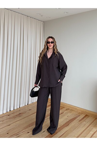 Laluvia Brown Tencel Shirt Blouse Pants Set - 7310