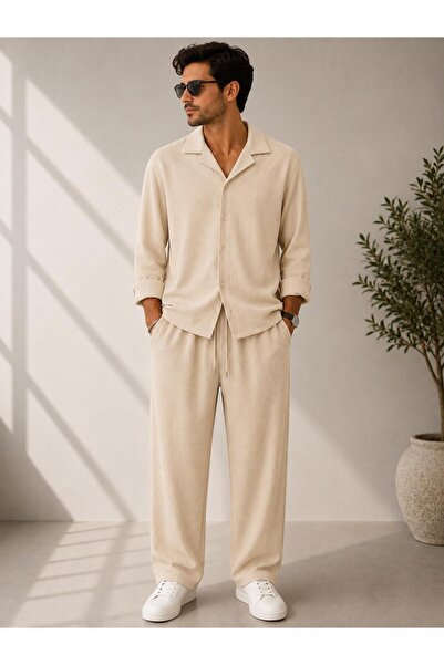 WENMİNG Bürümcük Crinkle Fabric Summer Lycra Men's Shirt and Pants Set