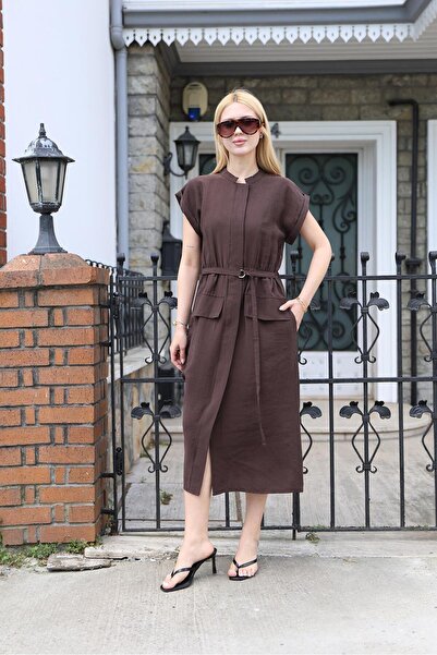Siyezen Belt Detailed Ornamental Pocket Brown Dress