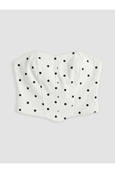 LC Waikiki White Strapless Neckline Polka Dot Crop Jean Blouse by Güli̇s Gi̇yi̇m