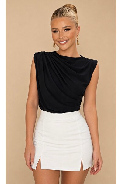 Be Best Women's Black Shoulder and Side Gathered Blouse Be412
