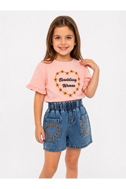 kidsense Girl's Pink Printed Ruffle Sleeve T-Shirt and Embroidered Heart Pock...