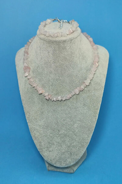 Zodyak Doğal Taş PINK QUARTZ NATURAL BROKEN NECKLACE AND BRACELET NATURAL STO...