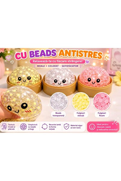 ADDA Jucarie Squishy Antistres cu Beads si Fulgisori 9 cm, Model Mochi Transp...