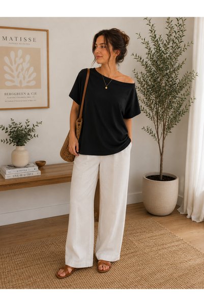 Becha Butik Women's Off-Shoulder Oversize Basic T-Shirt