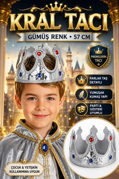 Tamsena Store Gümüş Renk Çocuk Kral Tacı 57 cm Kumaş Parti Tacı Prens Kral Ko...