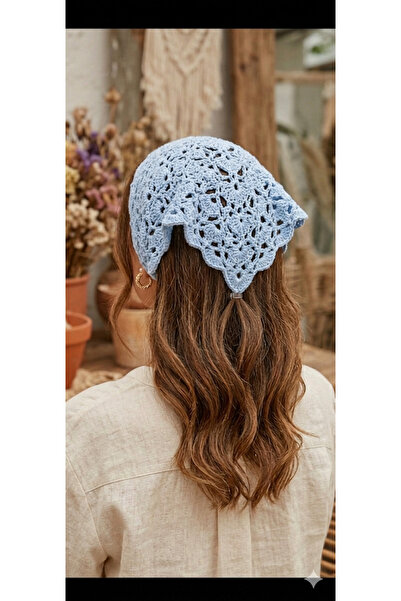 NO BRAND Mavi Ajurlu El Yapımı Örgü Bandana - Retro Saç Aksesuarı