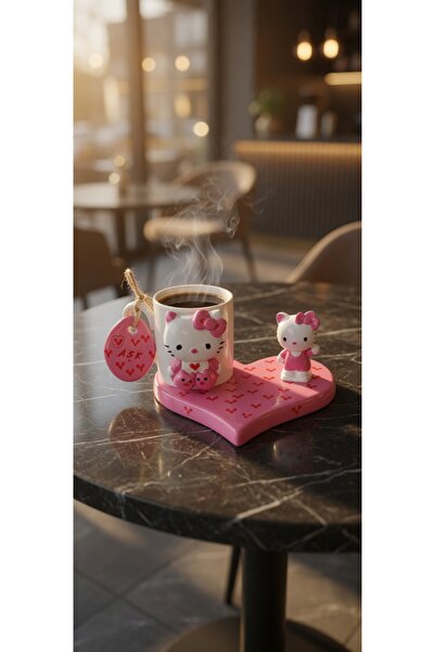 RivelCandle Sevimli Kedi Figürlü kalp tabaklı pembe türk kahvesi fincanı taş ...