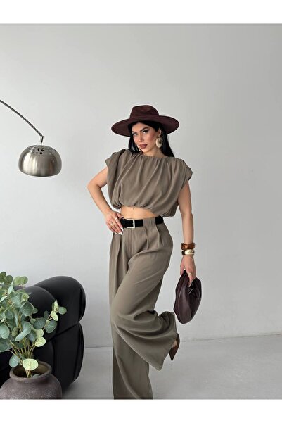 buqre's moda Women's Trendy Belted Trousers Padded Crop Blouse Loose Set