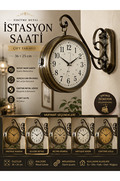 KOLAYEV Eskitme Metal Retro İstasyon Saati 36x25 Cm Çift Taraflı Dekoratif Du...