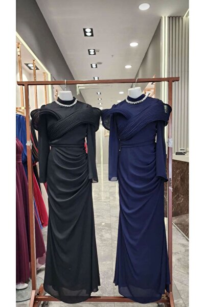 Canan tesettür Kadın Drape Ve Gren Detaylı Yakası Taşlı Tesettür Abiye Elbise