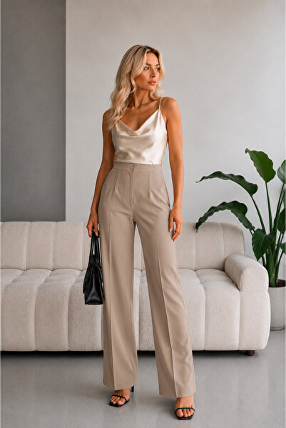kikiriktekstil 10799 Pantaloni de damă cu talie înaltă, model Palazzo, cu det...