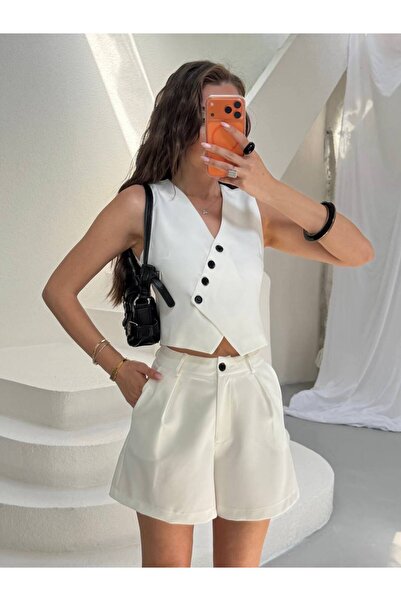 LOKADI Women's Brown / White / Black Asymmetrical Buttoned Vest and Shorts At...