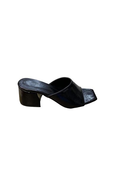 güven kundura Women's Thick Heeled Black Patent Leather Slippers
