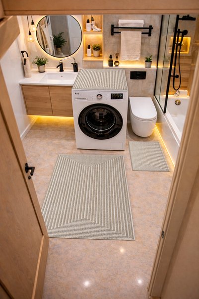 Getcarpet Non-Slip Base Digital Printed 3-Piece Bathroom Mat Set – Washing Machine, Toilet Seat, and Bathroom Rug