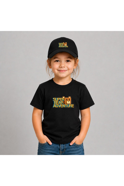 cesita Tricou negru din țesătură de bumbac cu imprimeu Super Bear, pălărie ne...