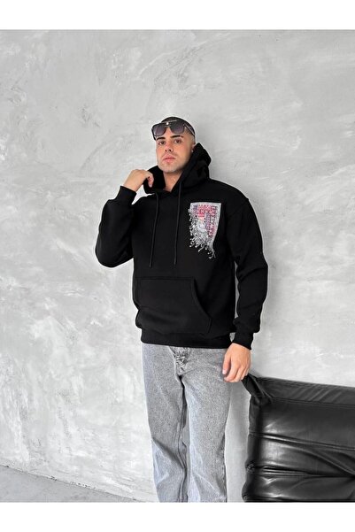 Mariposa Secret هودي رجالي بجيب كنغر وطباعة مطبوعة من القطن بثلاث خيوط - أسود