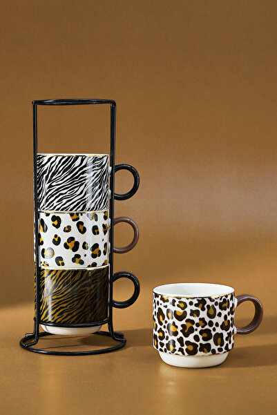 Karaca Leobra 5 Piece Leopard Patterned Tea Cup Set with Stand 160 ml