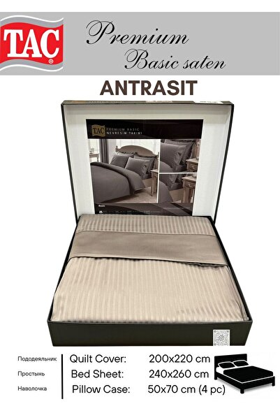 Taç Premium Basic Stripe Antrasit Saten Cift kişilik Nevresim Takımı