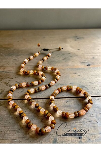 CRAZY TAKI TASARIM 8 mm Rutile Quartz & Wood Jasper Natural Stone 70-80 cm Lo...
