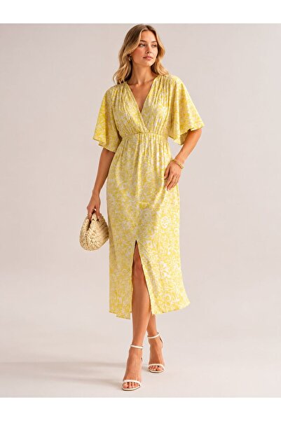 Moda Banuş Yellow Slit Soft Fabric Dress