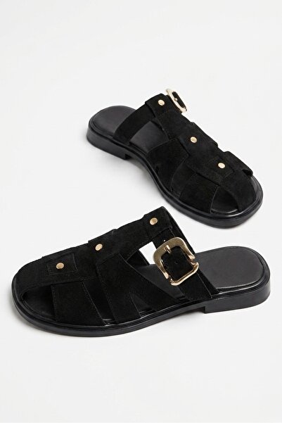 simplicity Black Women's Suede Caged Slippers - Buckle Gladiator Slippers
