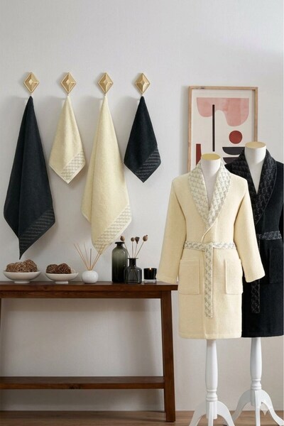 Özdilek Diagonal Waffle Family Bathrobe Set - Black Beige