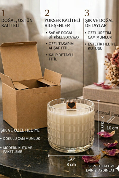 ASTERA Kalp Desenli Ahşap Fitil, %100 Doğal Soya Mumu, Isıya Dayanıklı Premiu...