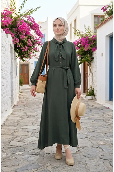 sefamerve Scarf Collar Half Button Belted Dress 2262-02 Khaki