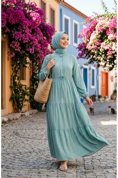 sefamerve Hakim Yaka Polka Dot Hijab Dress 0290-10 Green