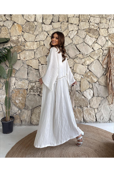 FASHION COCKTAIL كيمونو كافتان طبيعي طويل حتى الكاحل بتفاصيل شريطية وحلقات وت...