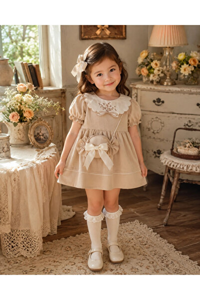 My Lusa baby wear Lumeya %100 Pamuklu Çanta Detaylı Vintage Kız Çocuk Elbise