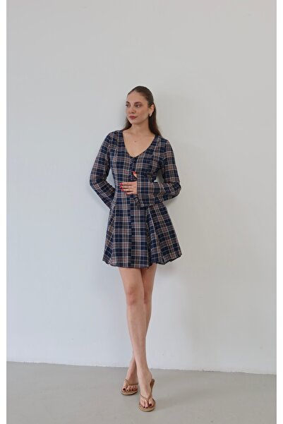 Myra Fashion Ekose Desenli Volanlı Mini Elbise V Yaka İspanyol Kol Çan Etek E...