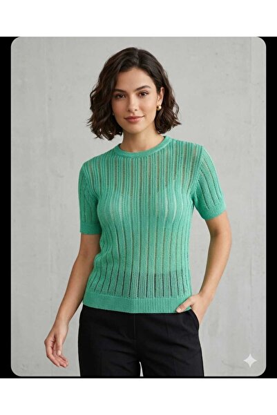 EGEMS Women's Short-Sleeved Summer Perforated Stylish Acrylic Ribbed Sweater