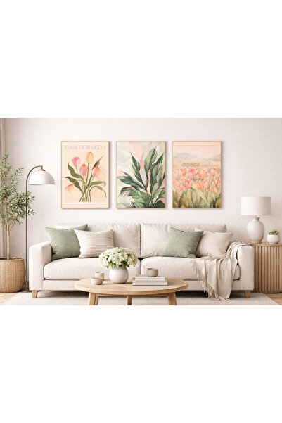Tuba Decor 3 piese tablouri cu flori pentru sufragerie, cu rame din lemn