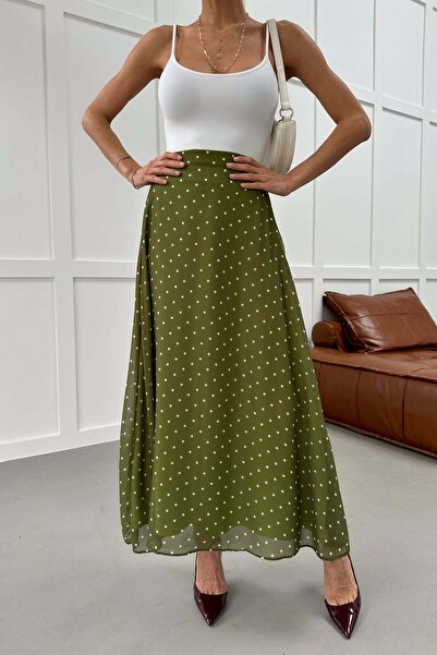 mylove Back Waist Elastic Polka Dot Chiffon Skirt Khaki