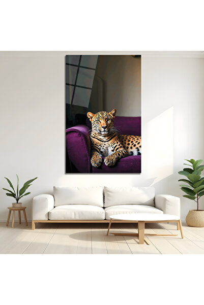 BERSED Mor Koltukta Leopar Figürlü Modern Dekoratif Cam Tablo