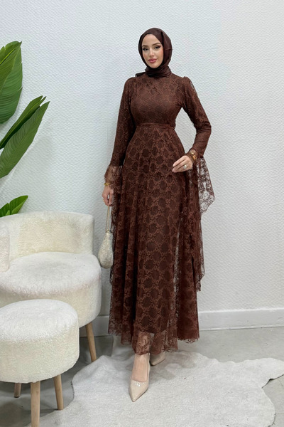 Tesettür Diyarı Zelal Belted Lace Hijab Evening Dress - Brown